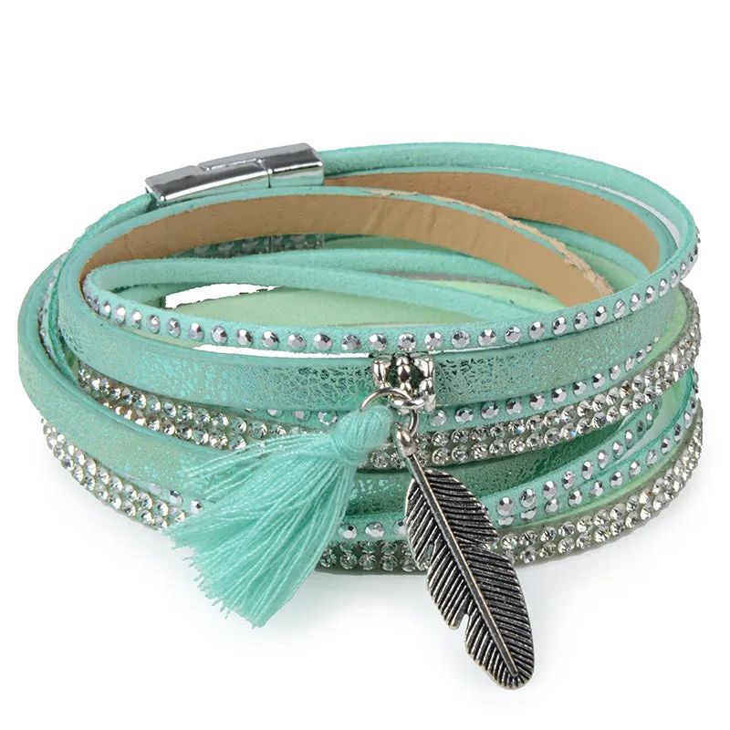 13styles Candy Wide Crystal Leather Velvet Boho Bracelet Magnetic Buckle Bohemian Tassel Bracelet For Women Men Boho Jewelry