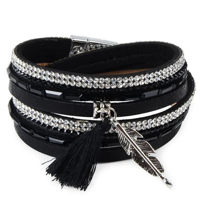 13styles Candy Wide Crystal Leather Velvet Boho Bracelet Magnetic Buckle Bohemian Tassel Bracelet For Women Men Boho Jewelry