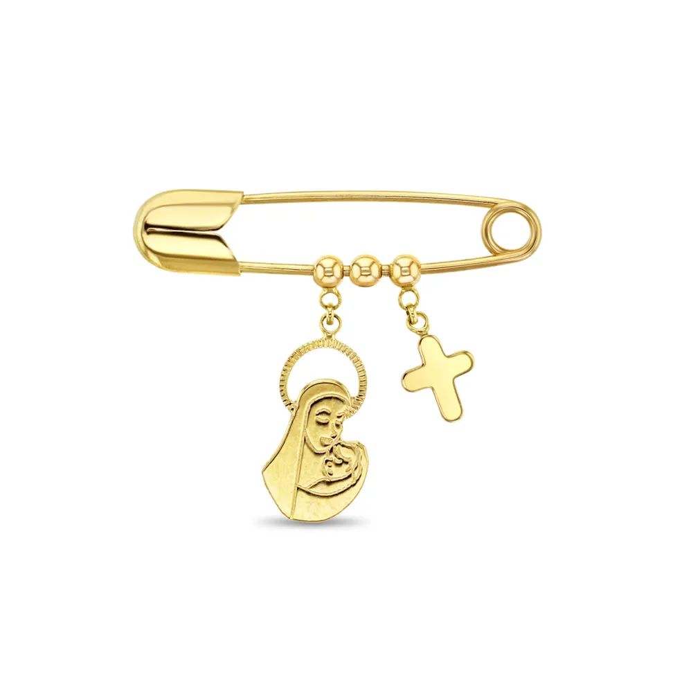 14k Gold Virgin Mary Charm Baby / Toddler / Kids Safety Pin Brooch