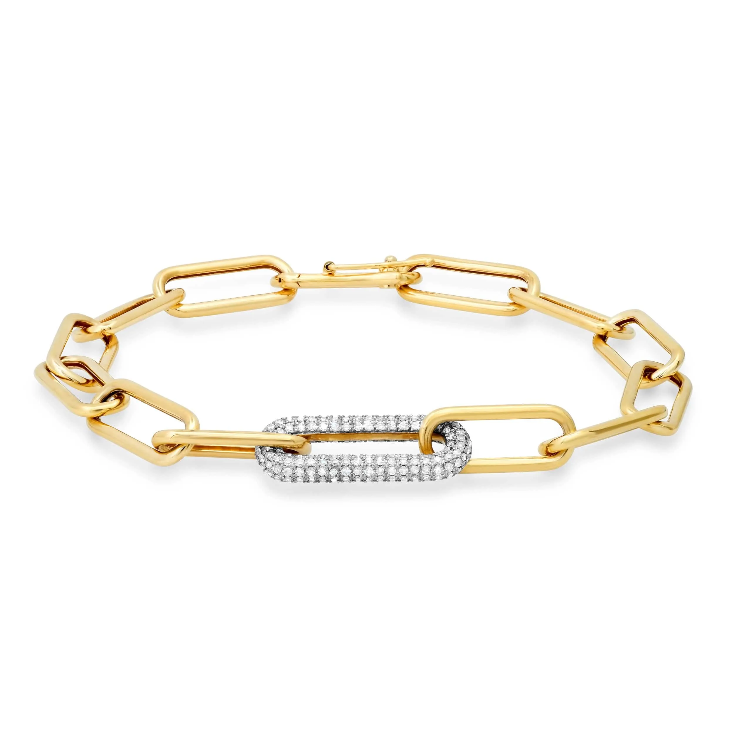 14K Paper Clip Bracelet with One Large Micro-Pave Diamond Link