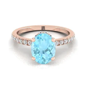 14K Rose Gold Oval Aquamarine Secret Diamond Halo French Pave Solitaire Engagement Ring -1/3ctw