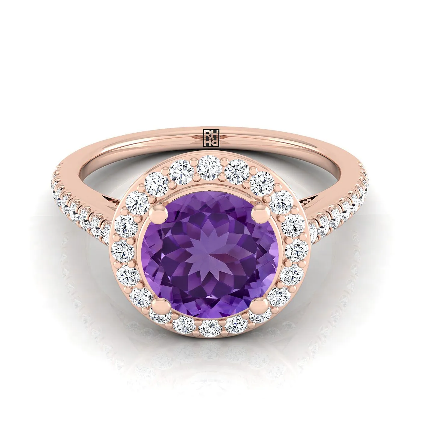 14K Rose Gold Round Brilliant Amethyst French Pave Halo Secret Gallery Diamond Engagement Ring -3/8ctw