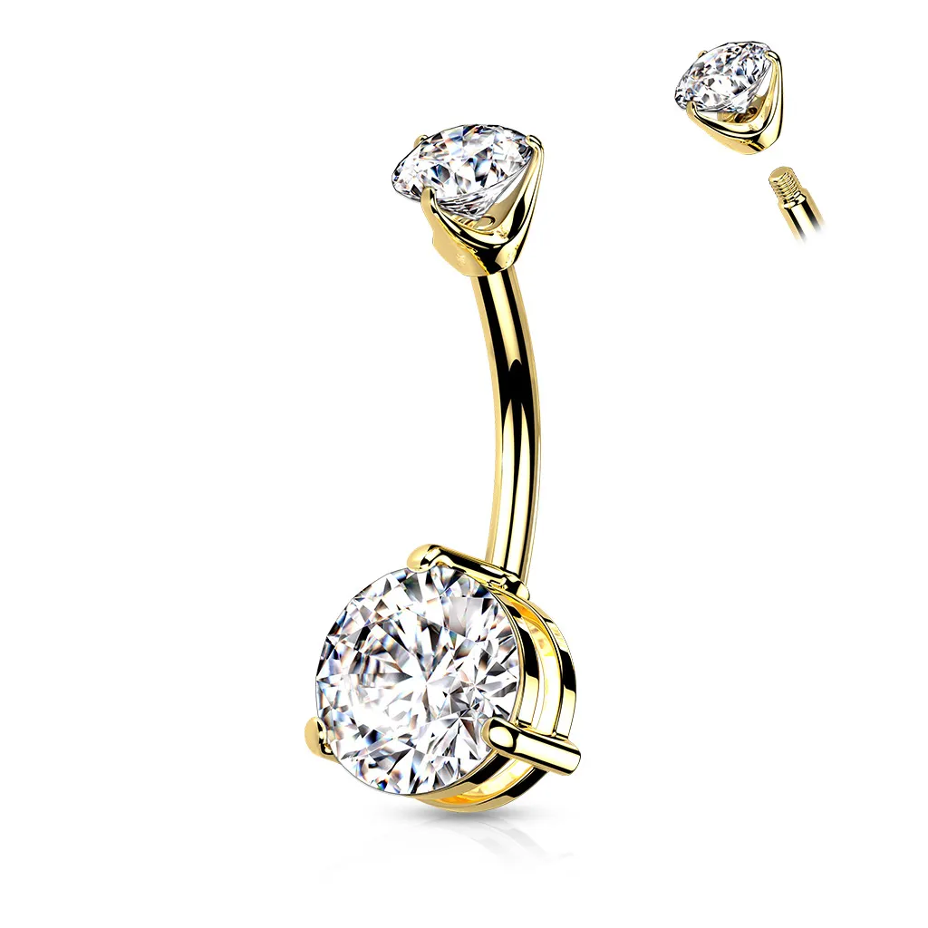 14k Solid Gold CZ Round Double Prong Set Belly Ring