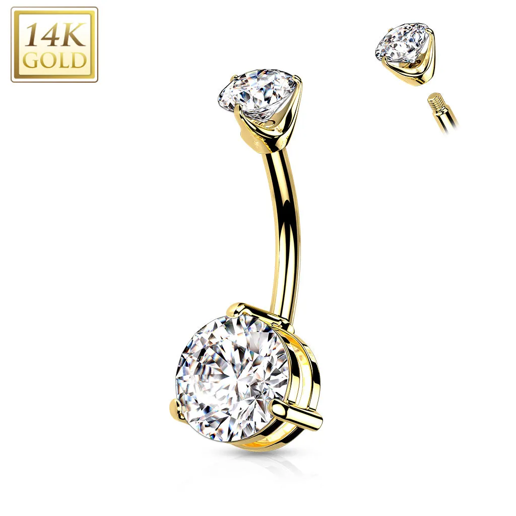 14k Solid Gold CZ Round Double Prong Set Belly Ring