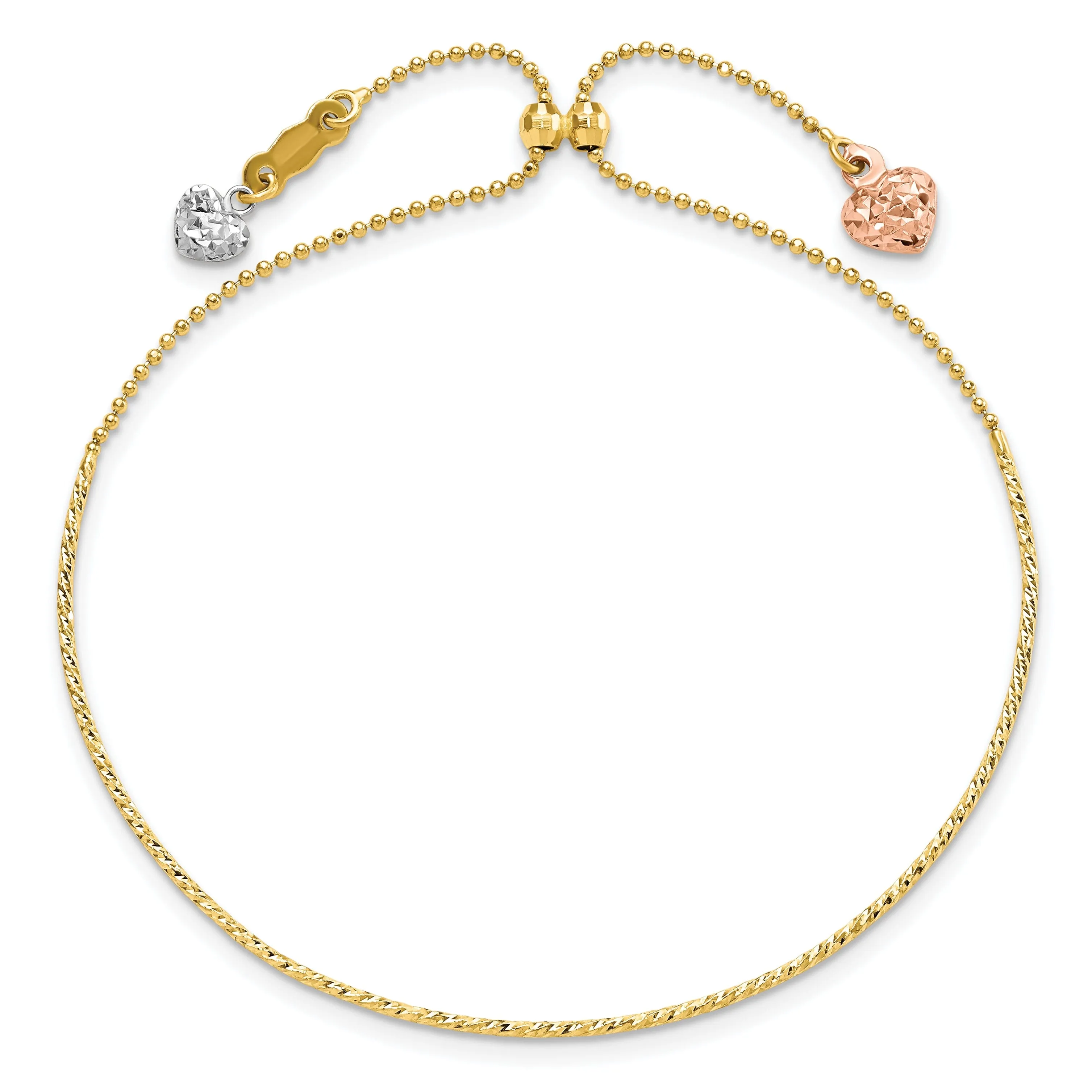 14K Tri-color gold Dangle Heart Adjustable Bracelet