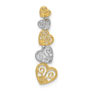 14K Two Tone Gold Polished Filigree Vertical Hearts Chain Slide