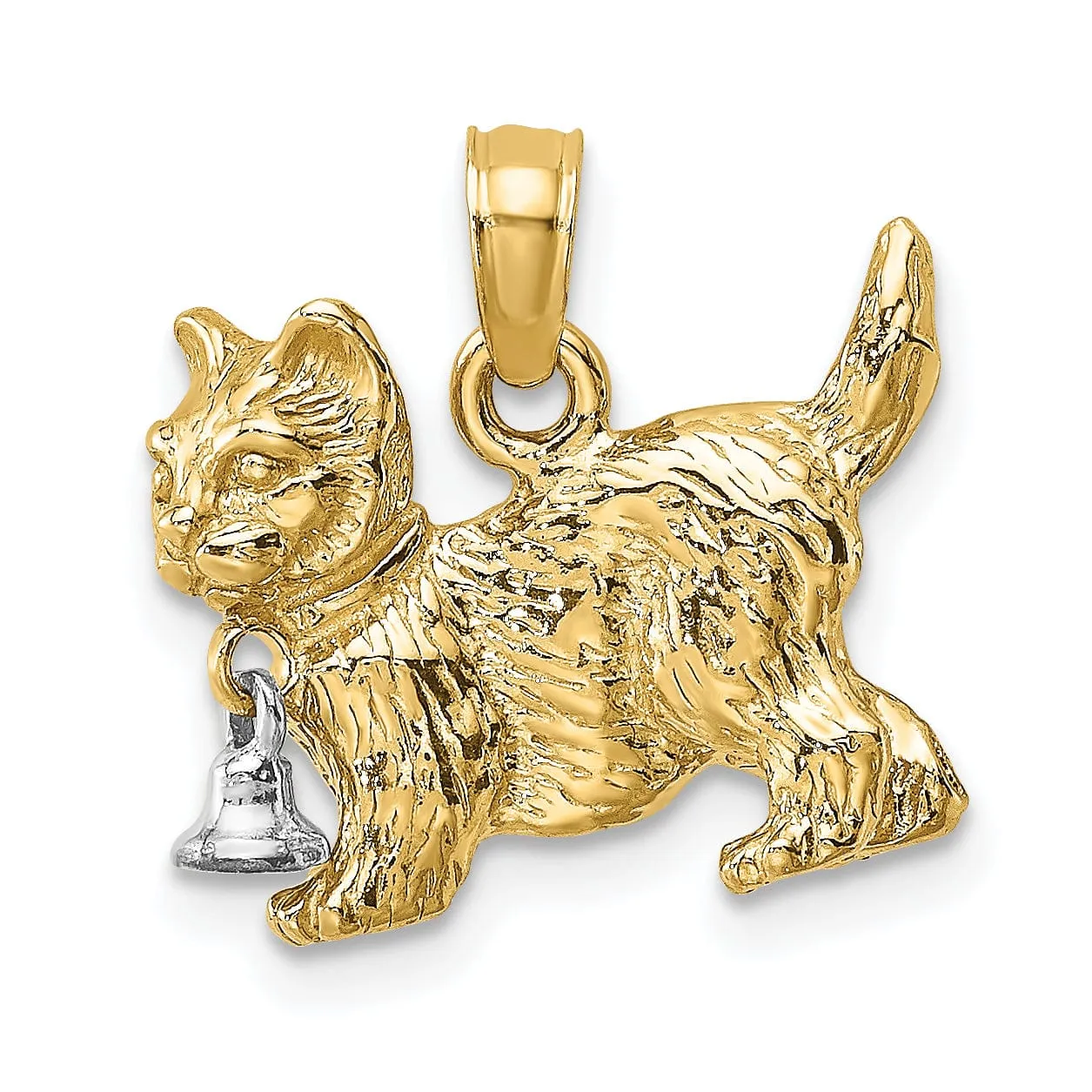 14k Two-Tone Gold Textured Polished Finish 3-Dimensional With Moveable Dangling Bell Cat Charm Pendant