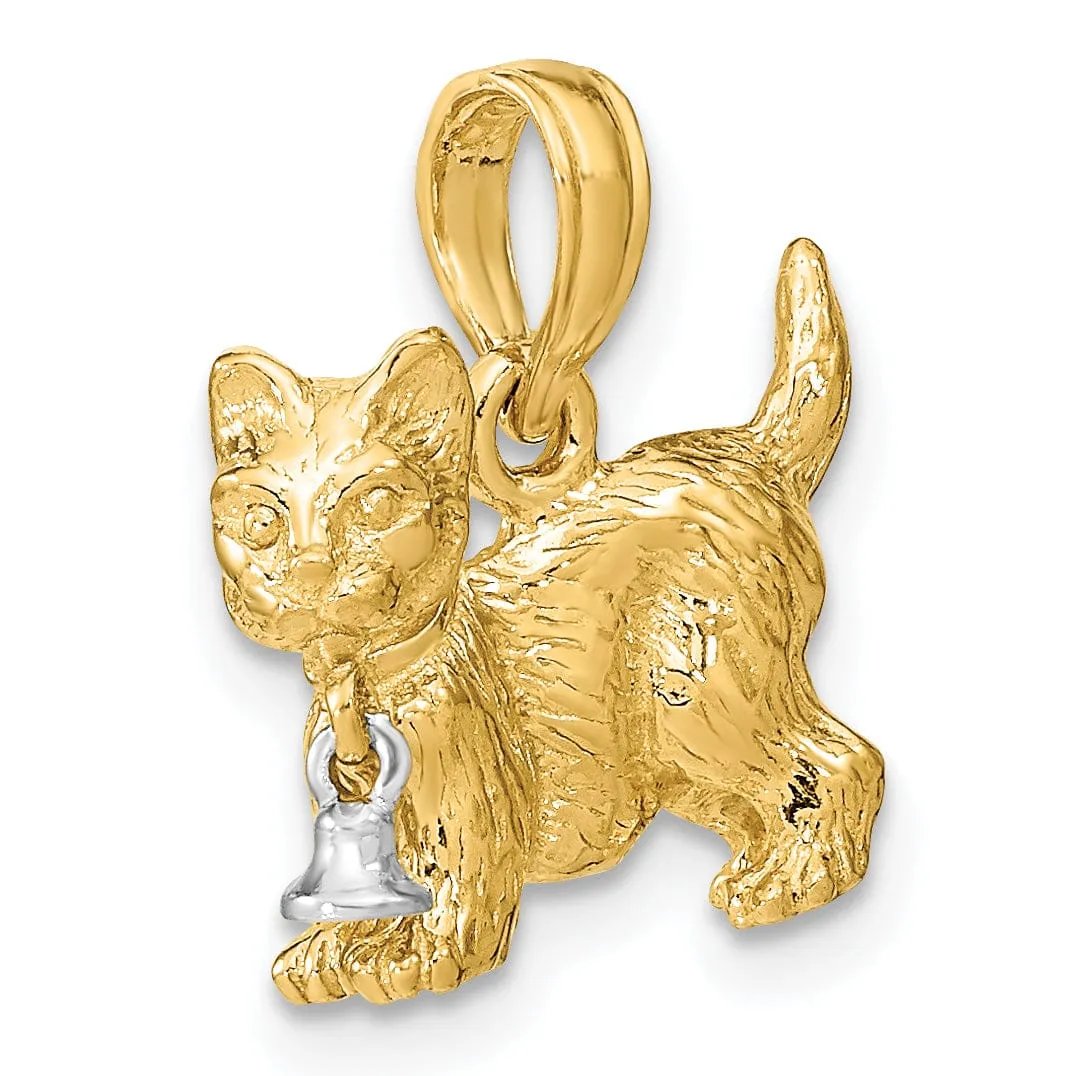 14k Two-Tone Gold Textured Polished Finish 3-Dimensional With Moveable Dangling Bell Cat Charm Pendant