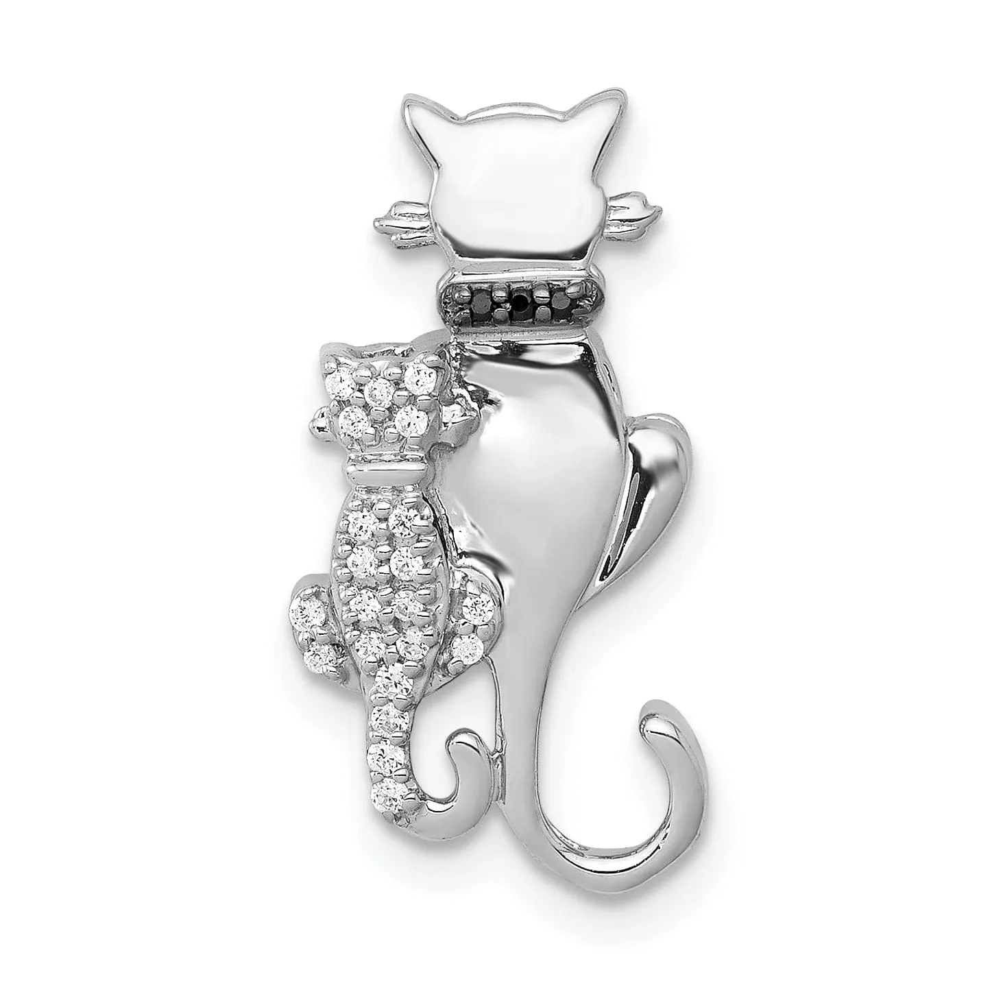 14k White Gold Open Back Solid Polished Finish White and Black Accent 0.075CT Diamond Two Cats Sitting Chain Slide Pendant will not fit Omega Chain