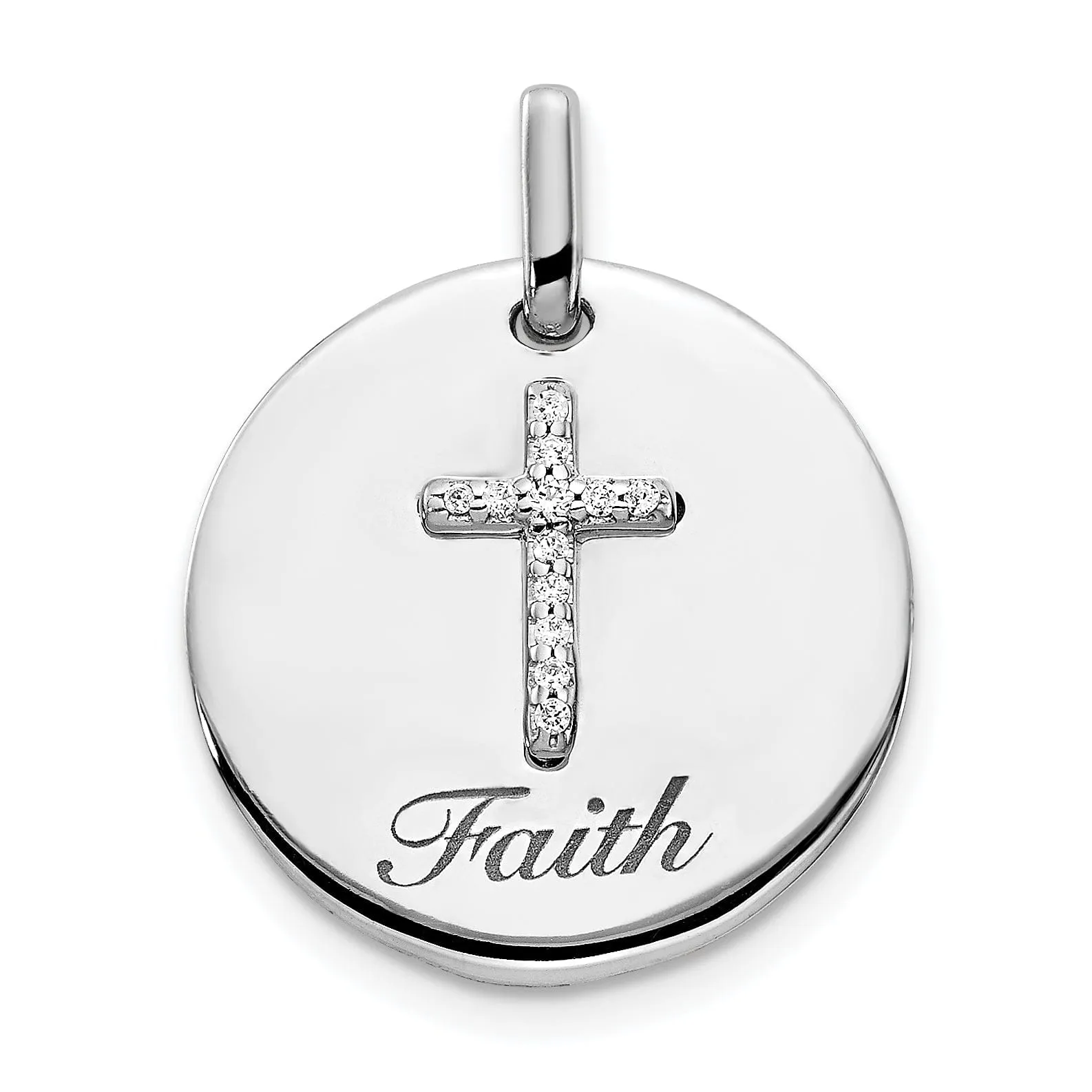 14k White Gold Polished Concave Diamond 0.052-CT Cross Faith Pendant