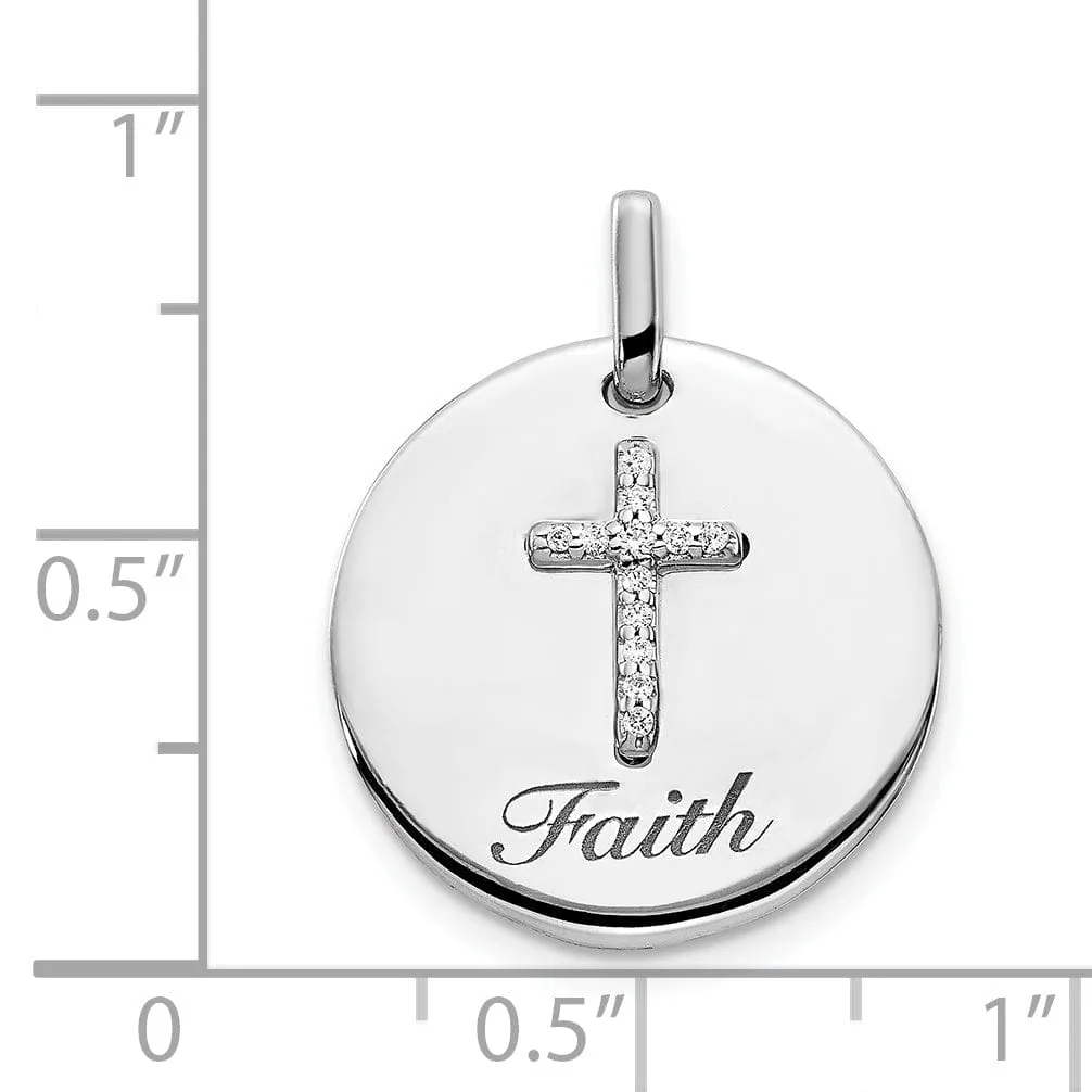 14k White Gold Polished Concave Diamond 0.052-CT Cross Faith Pendant