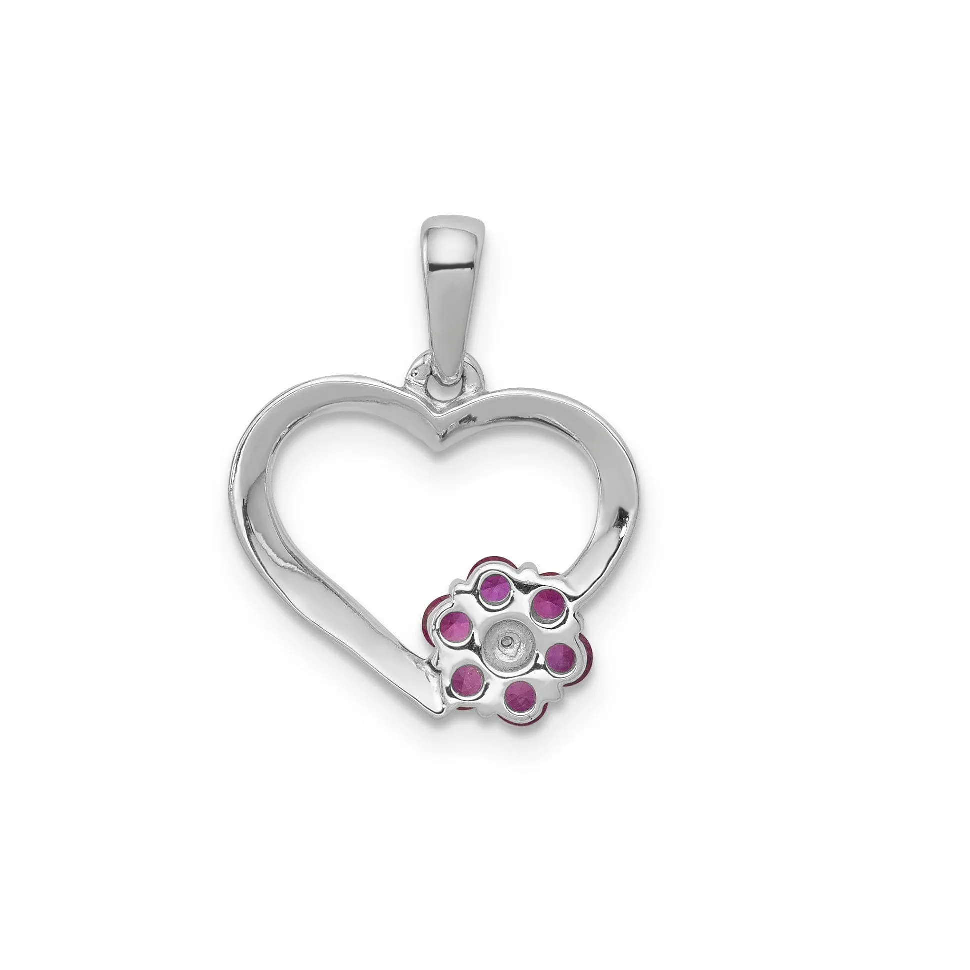 14k White Gold Polished Finish Closed Back 0.003-CT Diamond & 0.21-CT Ruby Stones Heart with Flower Design Charm Pendant