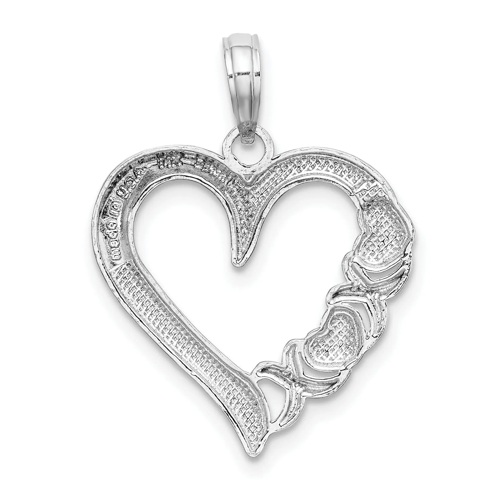 14K White Gold Polished Finish Concave Shape Heart -X- in Heart Design Charm Pendant