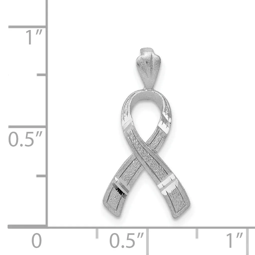 14k White Gold Solid Textured Brushed Diamond Cut Finish Awareness Ribbon Charm Pendant