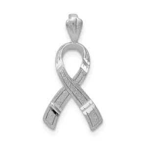 14k White Gold Solid Textured Brushed Diamond Cut Finish Awareness Ribbon Charm Pendant