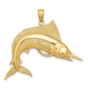 14K Yellow Gold 2-Dimensional Textured Polished Satin Finish Blue Marlin Fish Charm Pendant