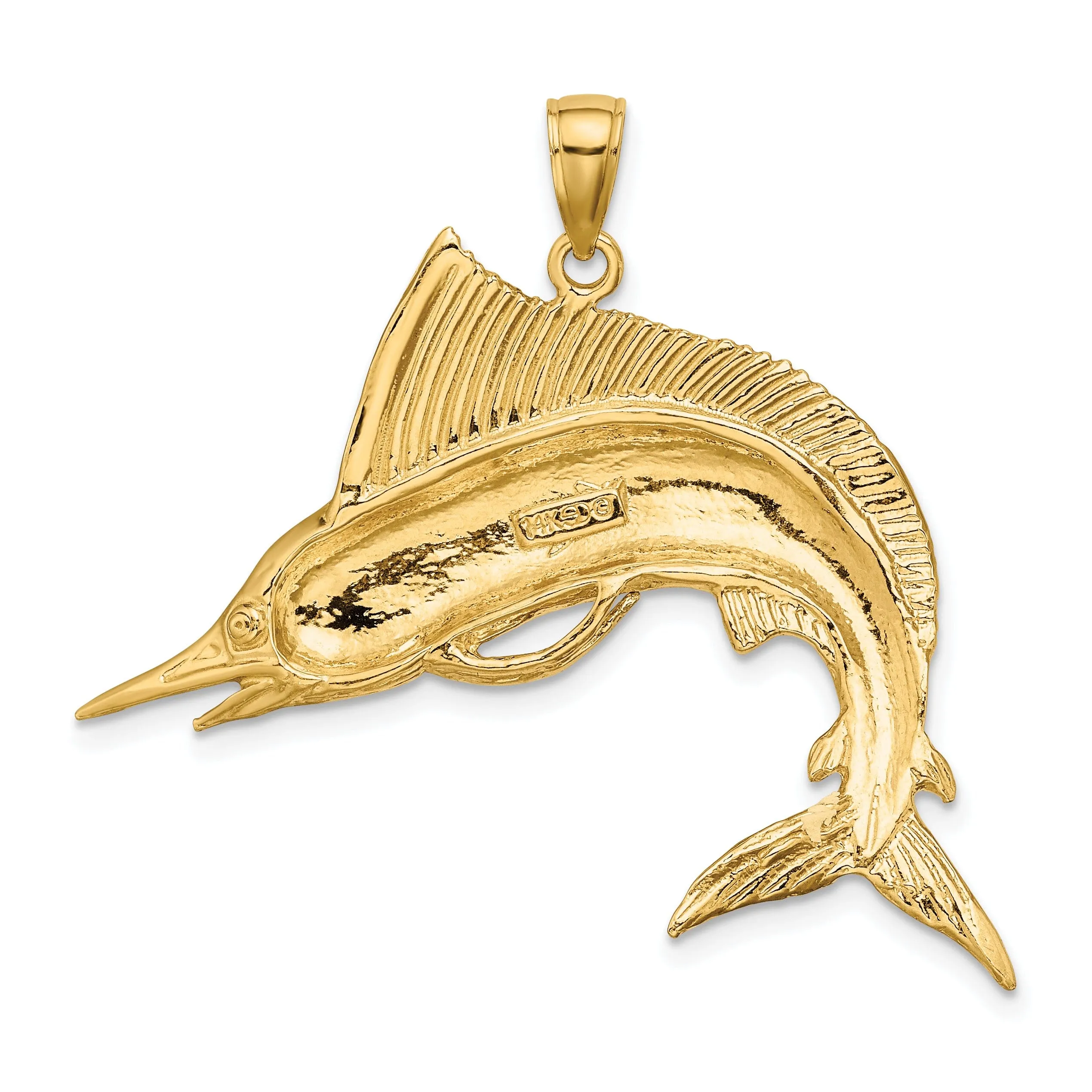 14K Yellow Gold 2-Dimensional Textured Polished Satin Finish Blue Marlin Fish Charm Pendant