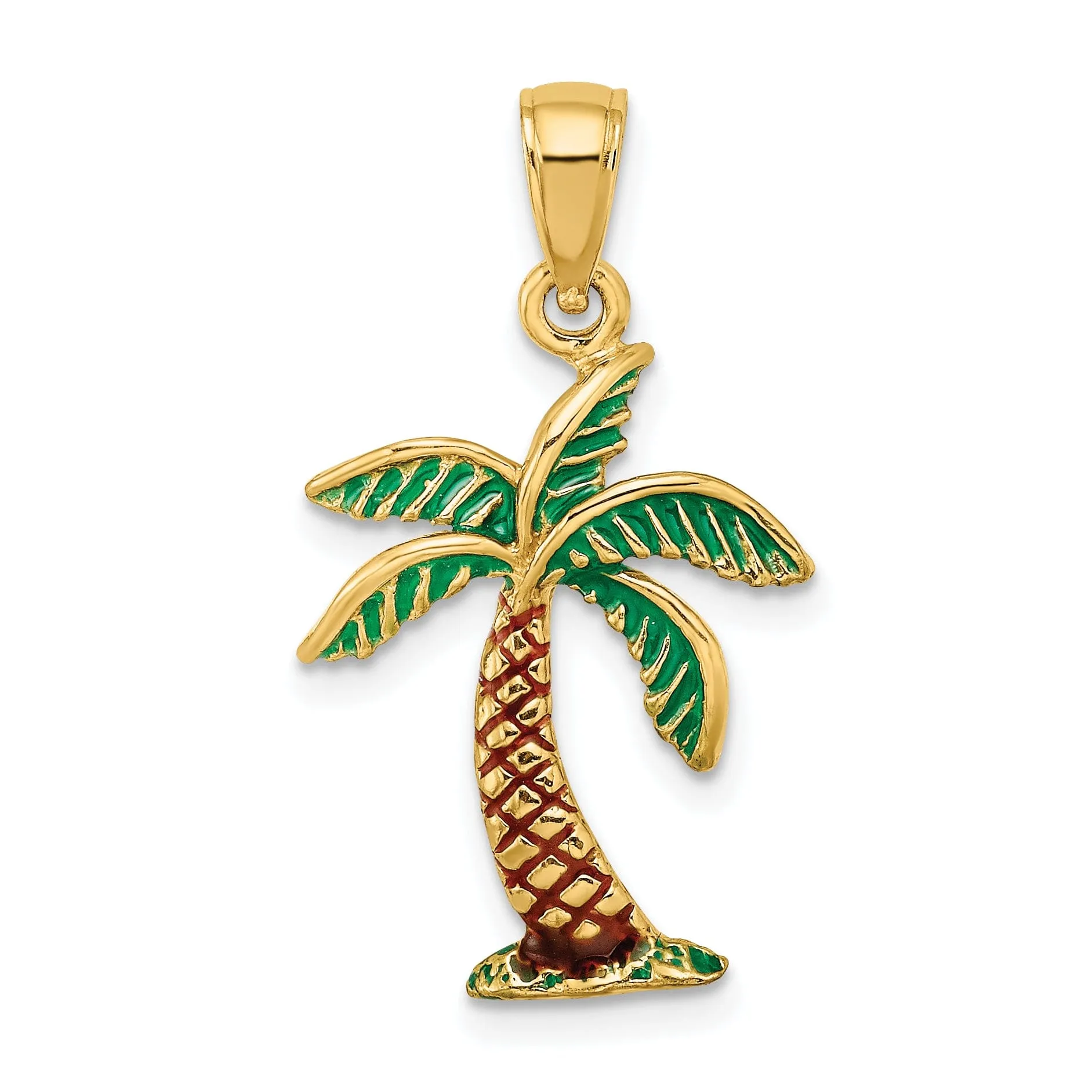 14K Yellow Gold Closed Back Solid Multi-Color Enamel Finish Palm Tree Charm Pendant