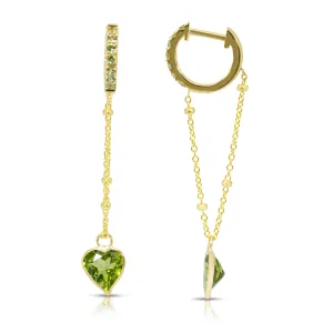 14K Yellow Gold Pendulum Heart-Shaped Peridot Gemstone Chain Huggies