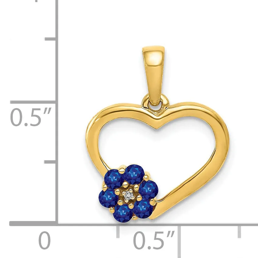 14k Yellow Gold Polished Finish Closed Back 0.003-CT Diamond & 0.21-CT Sapphire Stones Heart and Flower Design Charm Pendant