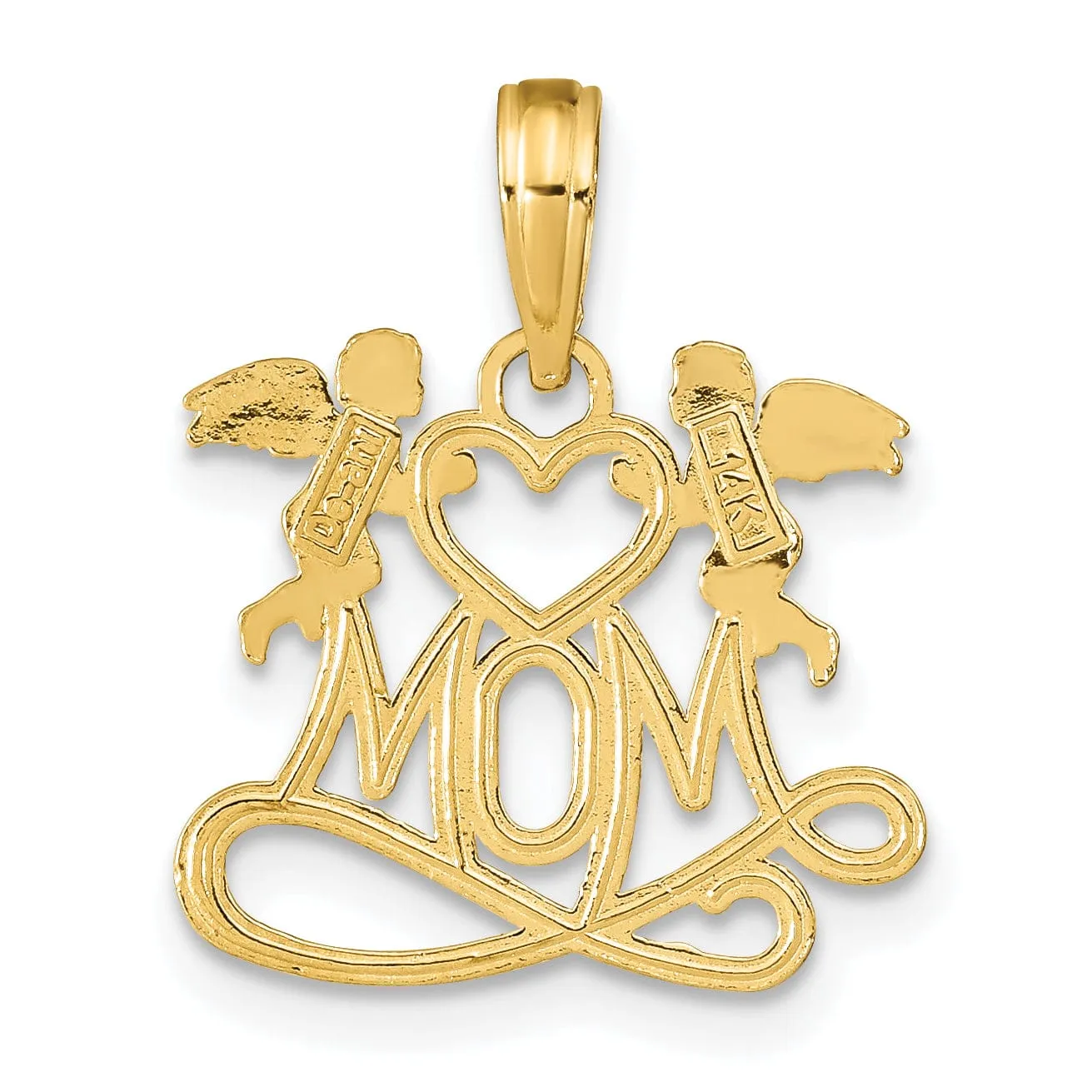 14K Yellow Gold Polished Finish MOM with 2 Angels Holding Heart Design Charm Pendant