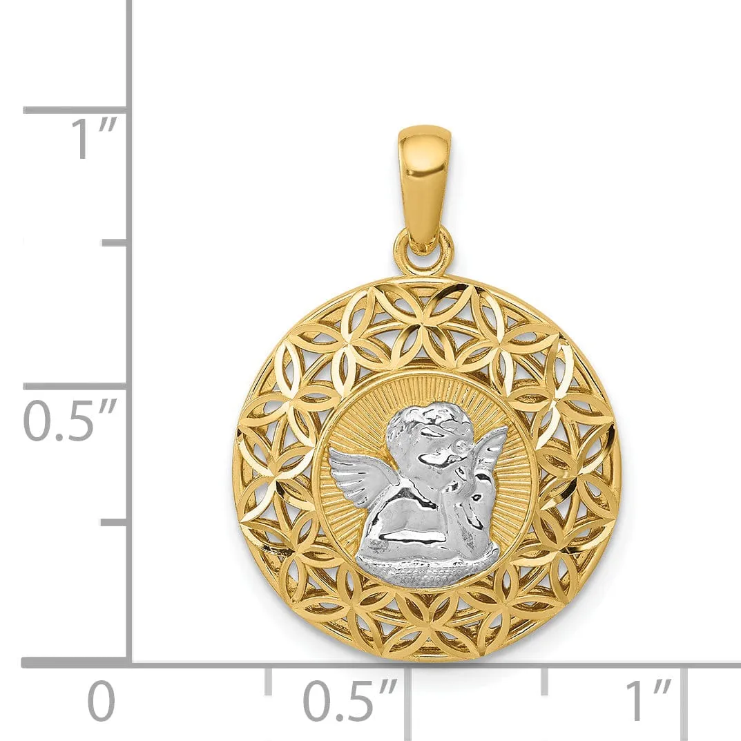 14k Yellow Gold Rhodium D.C Polished Filigree Guardian Angel Pendant