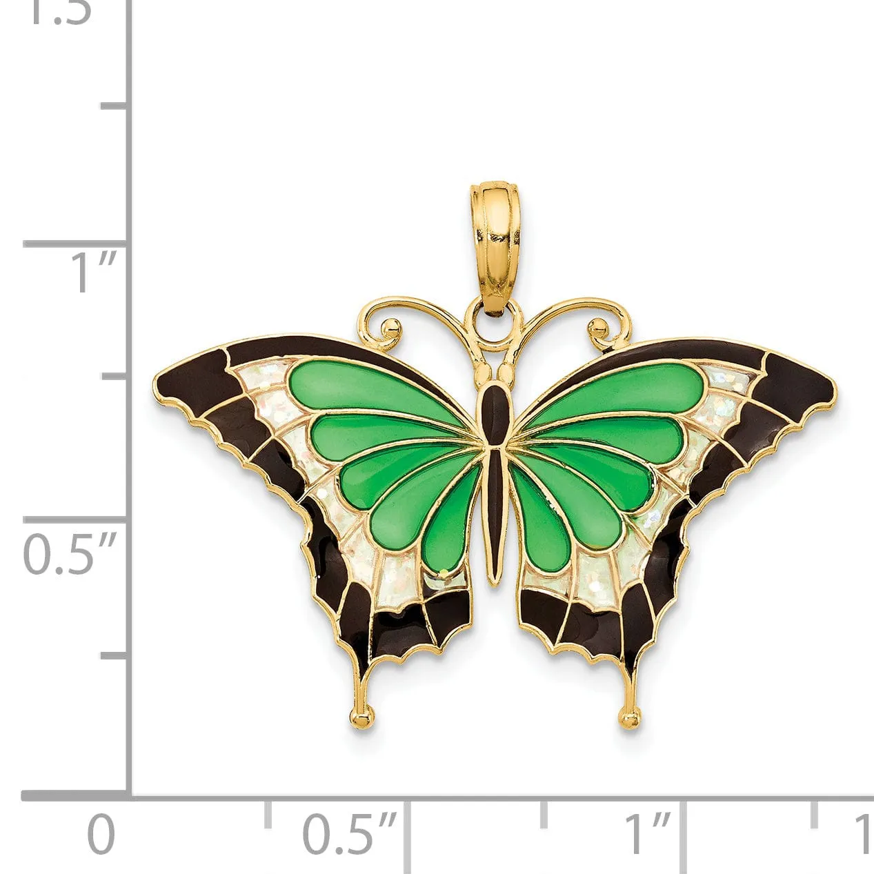 14K Yellow Gold Solid Casted Open Back Polished Finis Green Enameled Butterly Charm Pendant