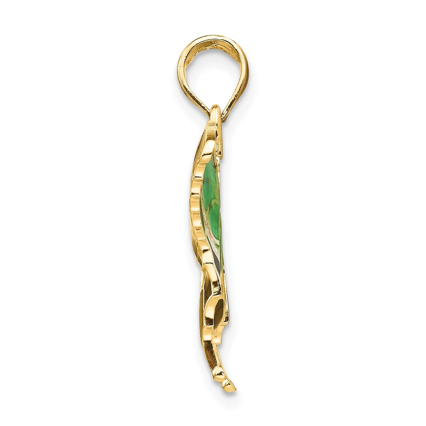 14K Yellow Gold Solid Casted Open Back Polished Finis Green Enameled Butterly Charm Pendant