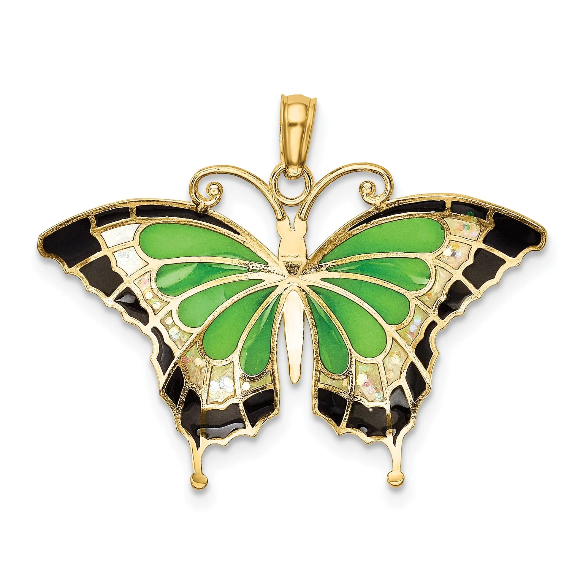 14K Yellow Gold Solid Casted Open Back Polished Finis Green Enameled Butterly Charm Pendant