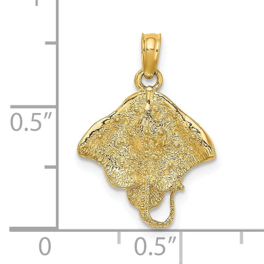 14K Yellow Gold Solid Casted Textured Polished Finish Stingray Charm Pendant