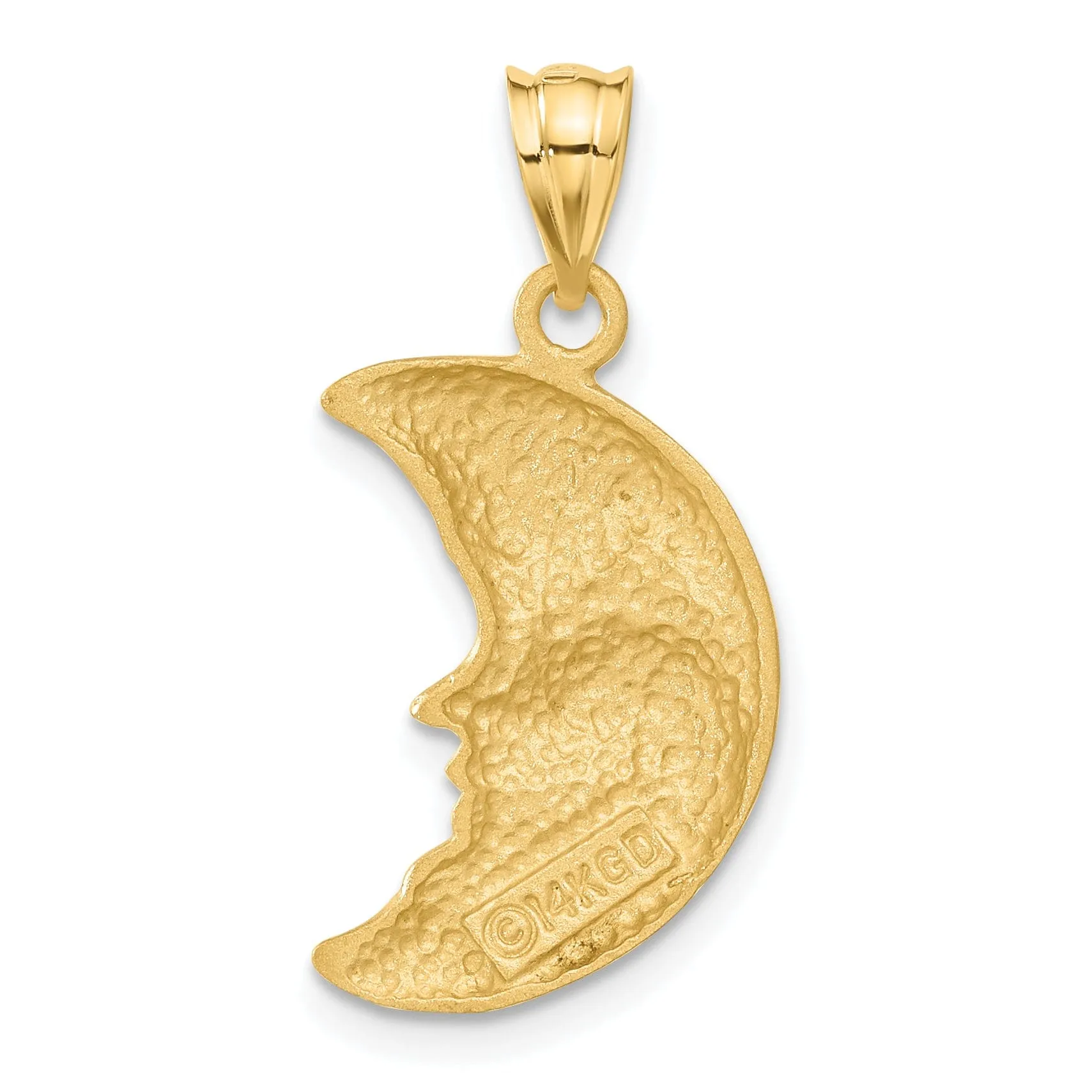 14k Yellow Gold Solid Satin Diamond Cut Finish Concave Shape Moon with Face Design Charm Pendant