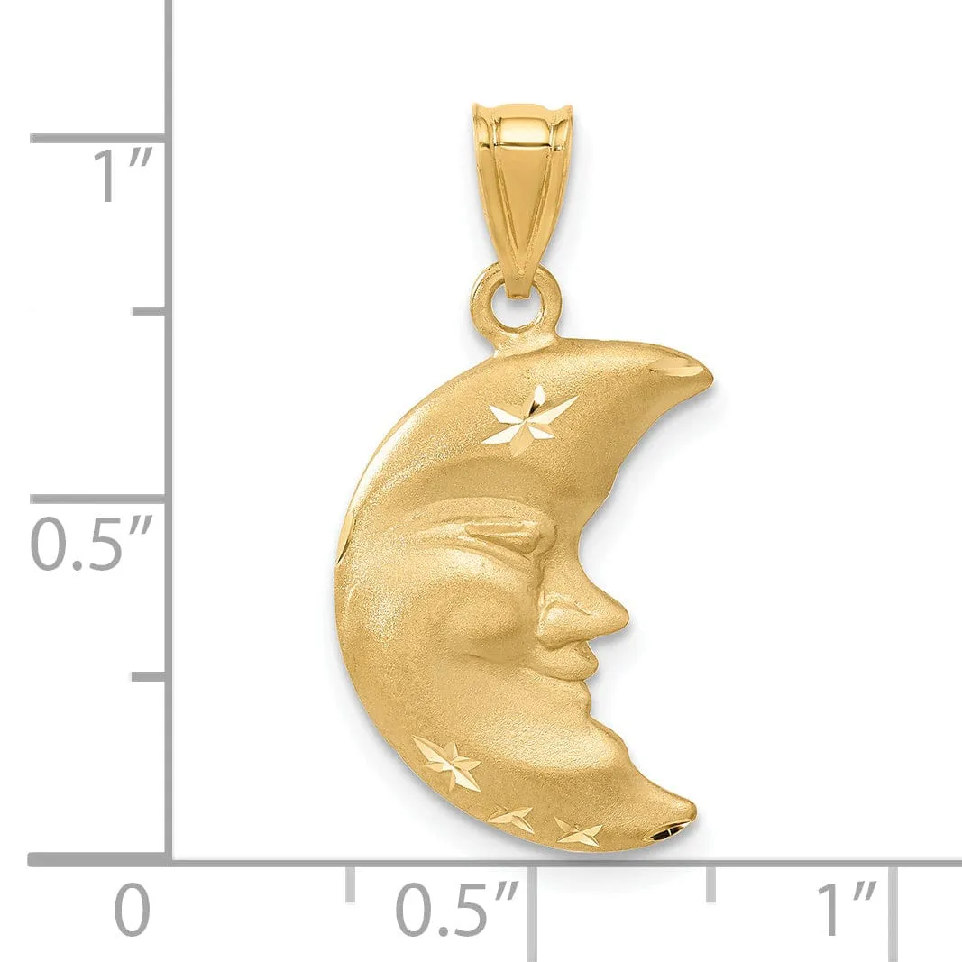 14k Yellow Gold Solid Satin Diamond Cut Finish Concave Shape Moon with Face Design Charm Pendant