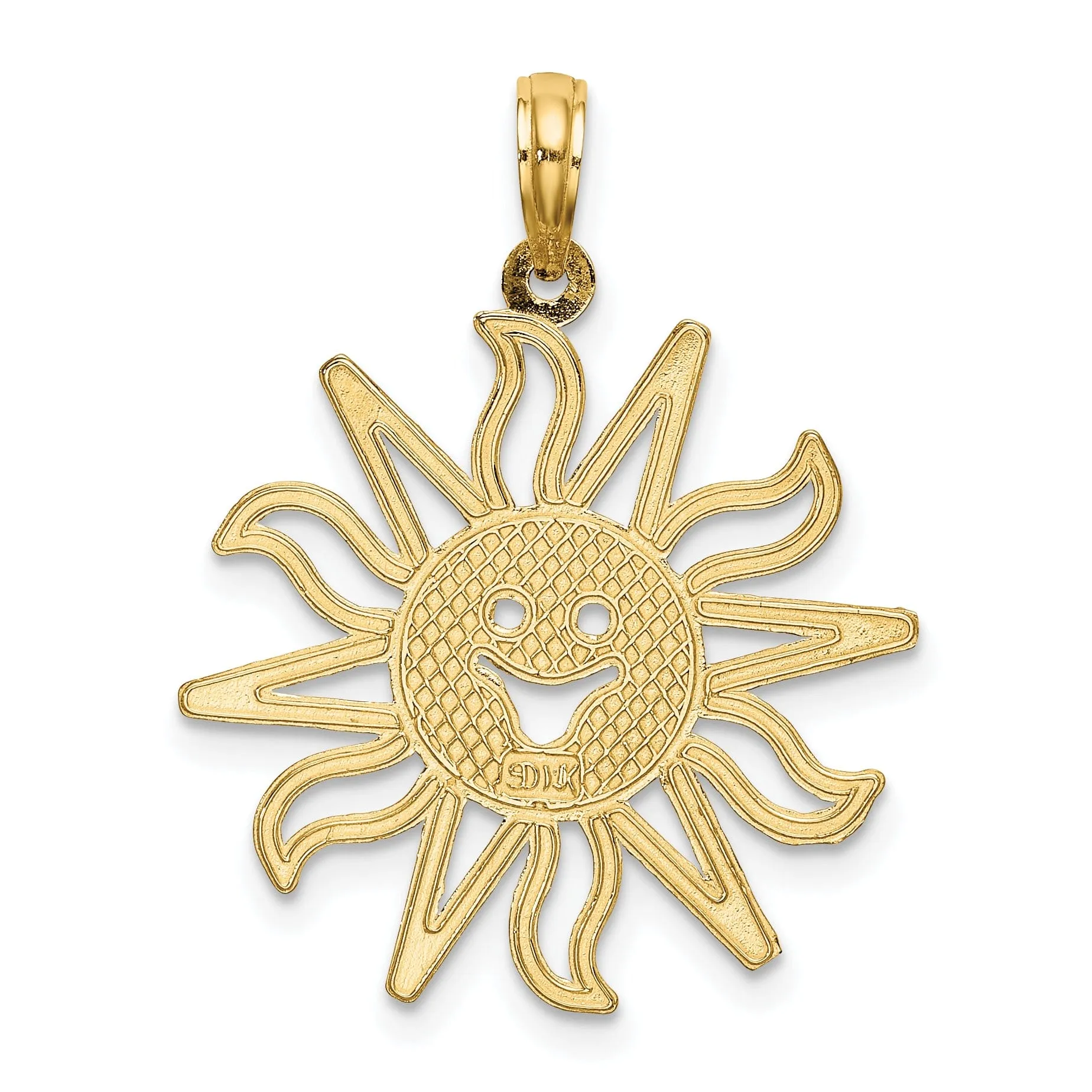 14K Yellow Gold Textured Polished Finish Cut Out Smiling Face Sun Design Charm Pendant