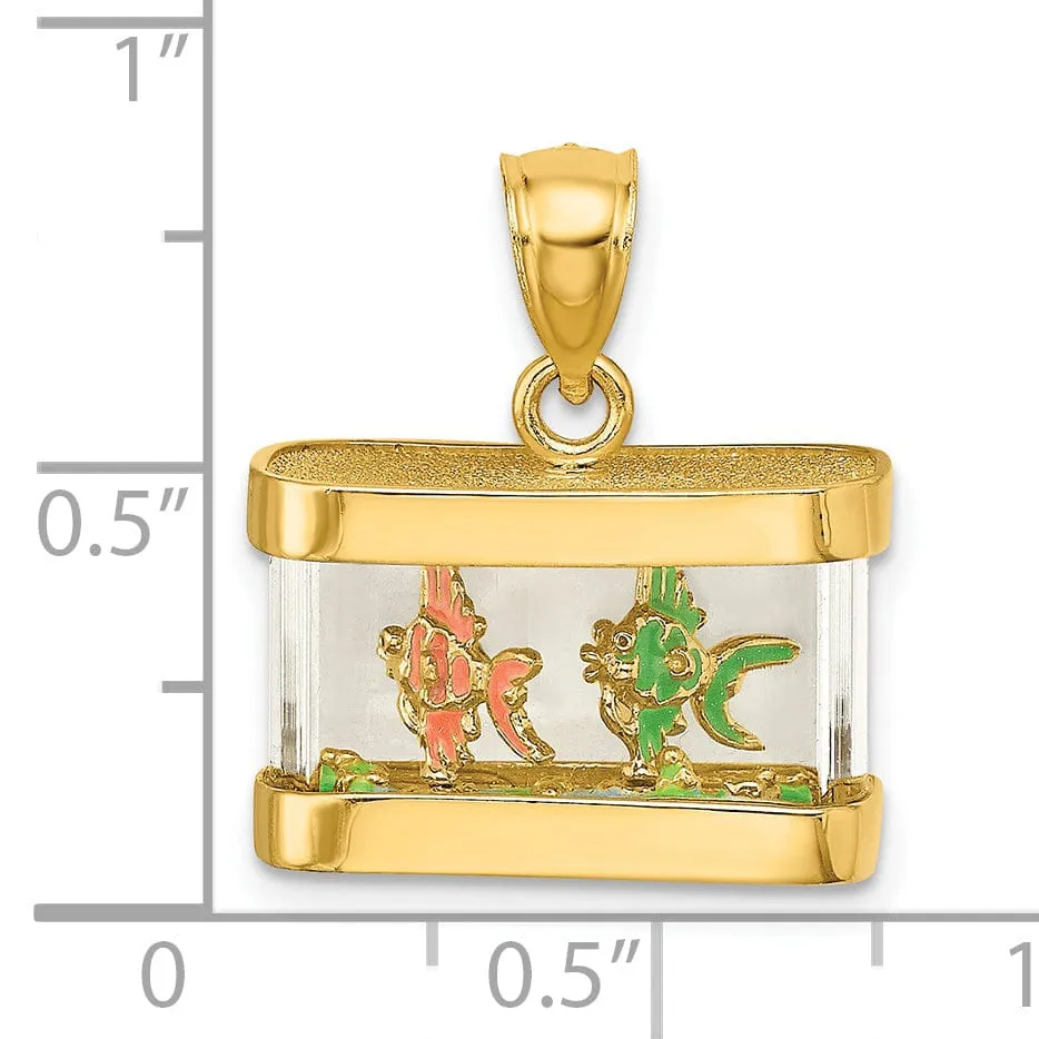 14K Yellow Gold Textured Polished Multi-Color Ename Finish 3-Dimensional Moveable Fish Aquarium Charm