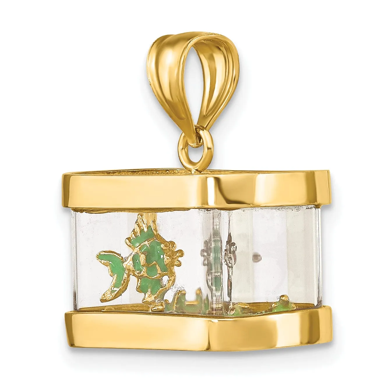 14K Yellow Gold Textured Polished Multi-Color Ename Finish 3-Dimensional Moveable Fish Aquarium Charm