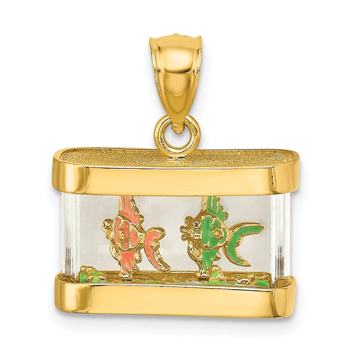 14K Yellow Gold Textured Polished Multi-Color Ename Finish 3-Dimensional Moveable Fish Aquarium Charm