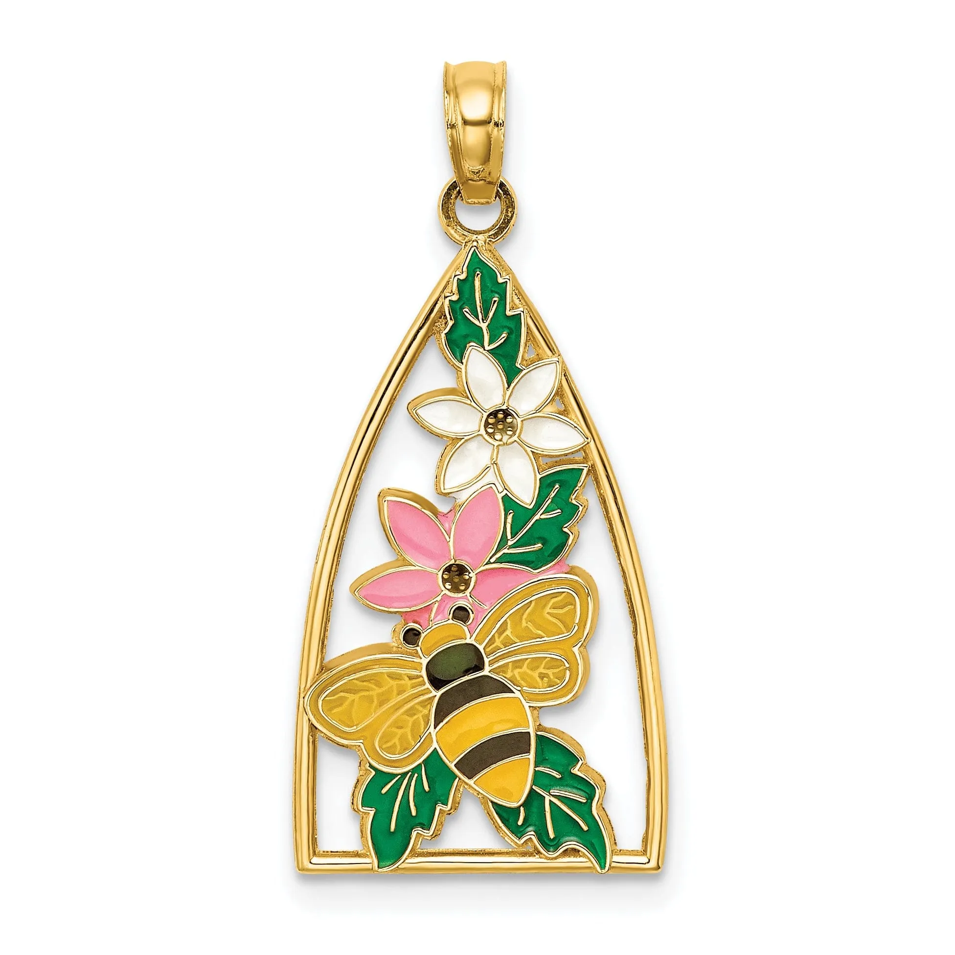 14K Yellow Gold Textured Polished Multi Color Enameled Finish Bumblebee and Flowers Triangle Shape Design Charm Pendant