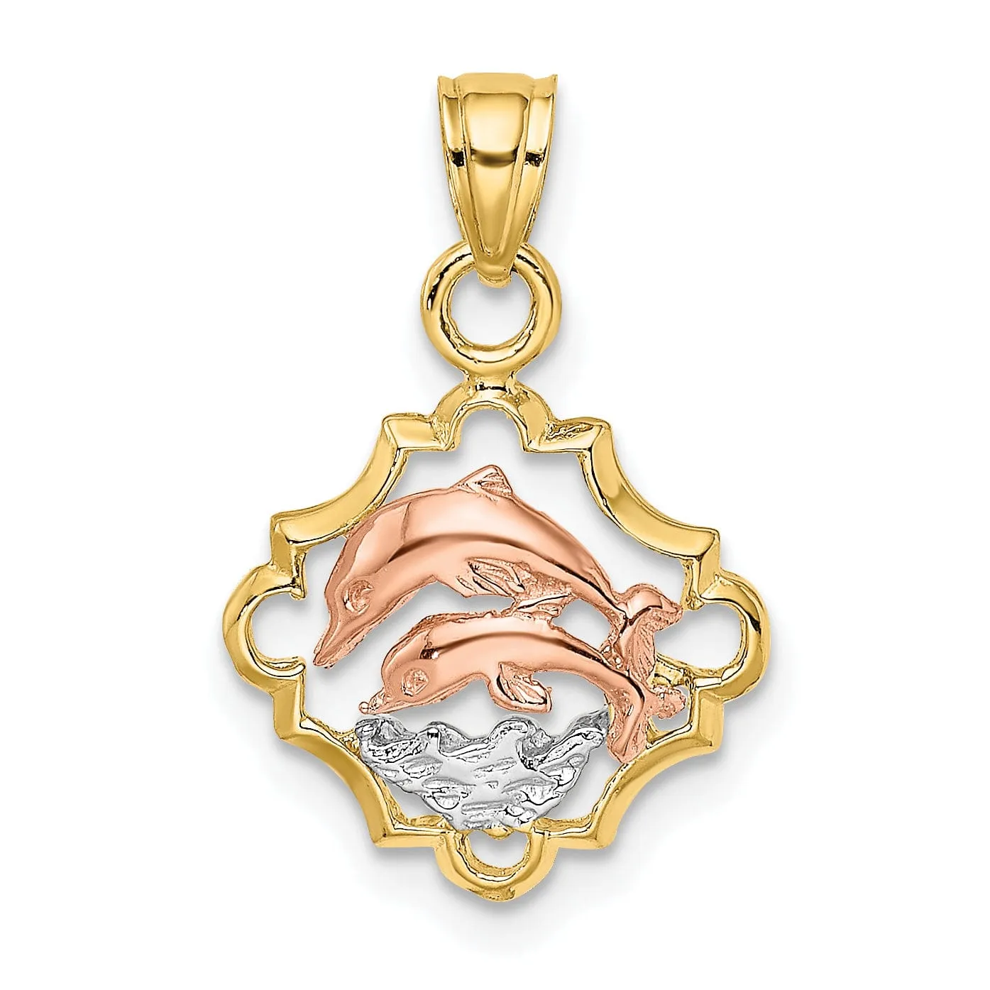 14k Yellow Gold White Rhodium Polished Finish Double Dolphins In Frame Design Charm Pendant