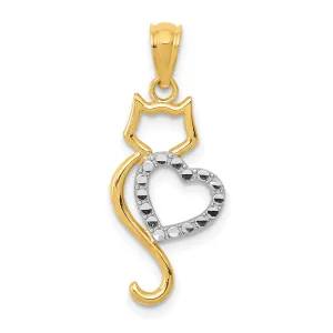 14k Yellow Gold White Rhodium Solid Polished Textured Finish Cat Sitting With Heart Design Charm Pendant