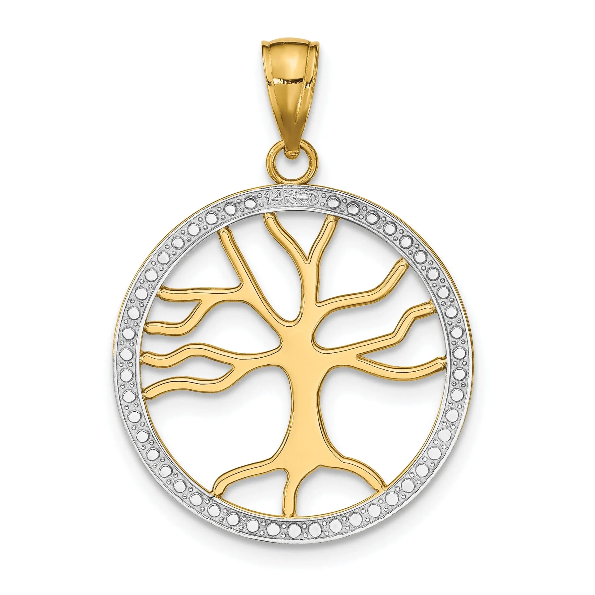 14k Yellow Gold White Rhodium Textured Polished Finish Tree of Life in Large Size Round Shape Beaded Frame Charm Pendant