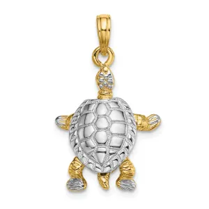 14k Yellow Gold with White Rhodium Solid Casted Textured and Polished Finish 3D Land Turtle with Moveable Head Charm Pendant