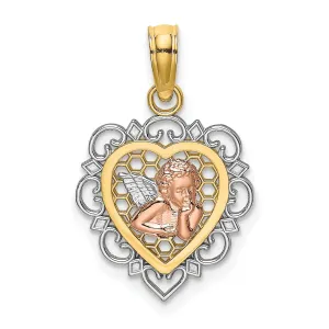 14K Yellow Rose Gold White Rhodium Heart Shape Angel Medal Pendant