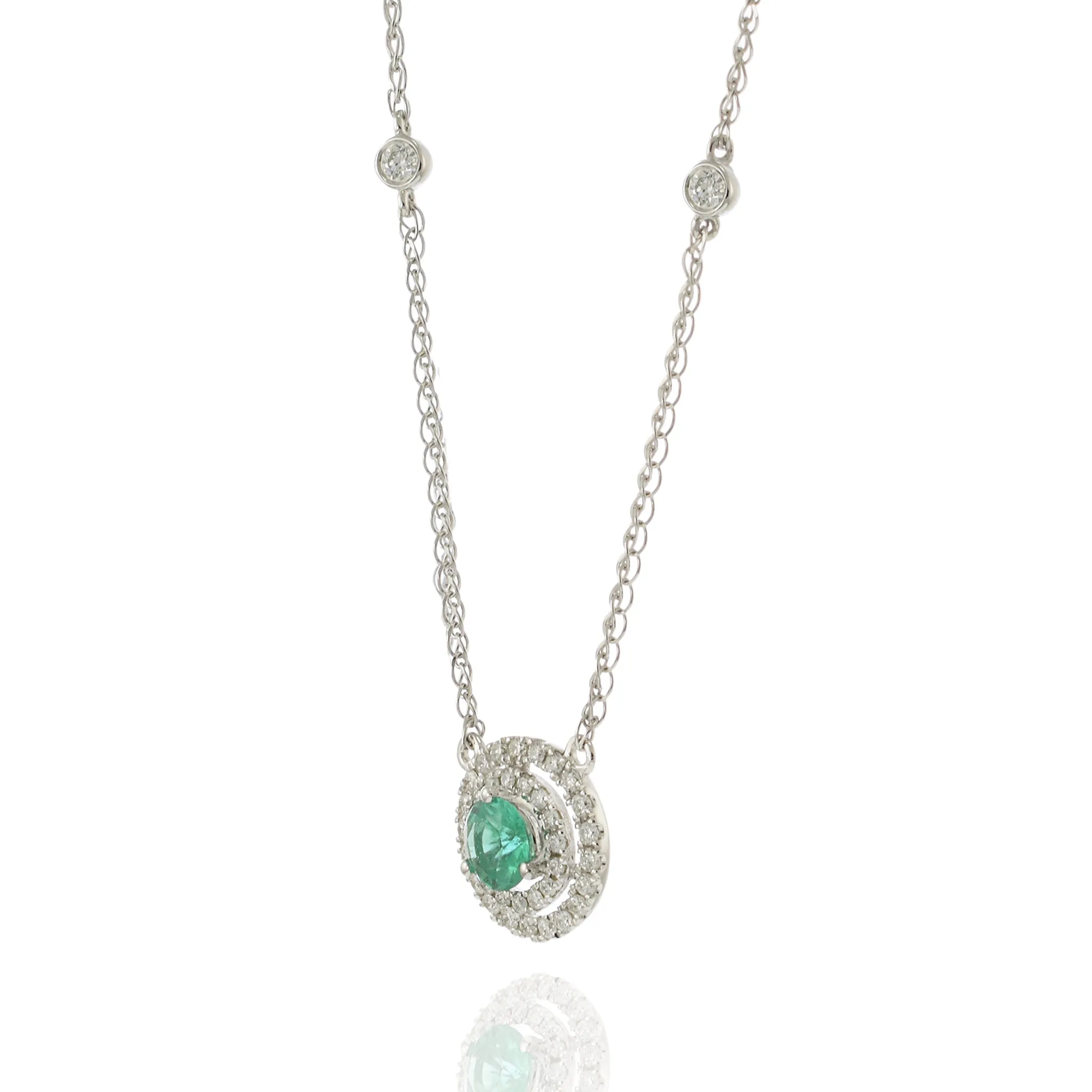 14KT White Gold Emerald and Diamond Halo Necklace