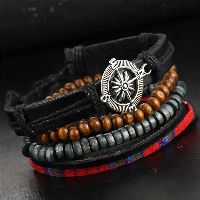 17KM 2016 Boho Women Fashion Leather Bracelets&Bangles 4 PCS Wristband Anchors Jewelry Vintage Charm Pulseira Masculina