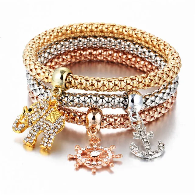 17KM Fashion Gold Color Crystal Skull Bracelet & Bangle 2017 New 3 PCS/Set Charm Luxury Love Anchors Heart Women Bracelet Gift