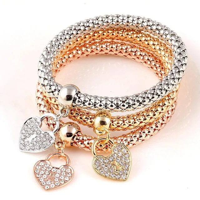 17KM Fashion Gold Color Crystal Skull Bracelet & Bangle 2017 New 3 PCS/Set Charm Luxury Love Anchors Heart Women Bracelet Gift