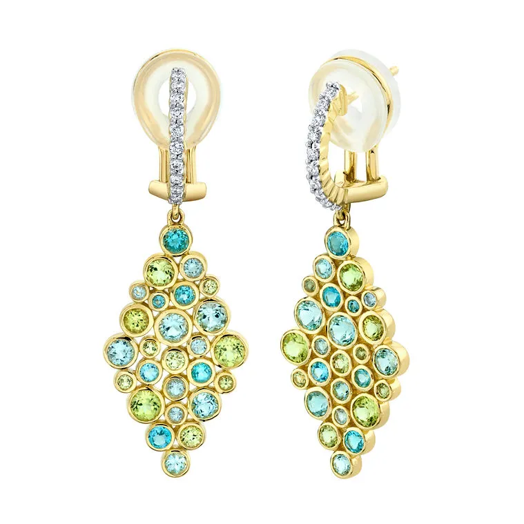 18K Gold Bubble Earrings with Topaz, Peridot and Diamond