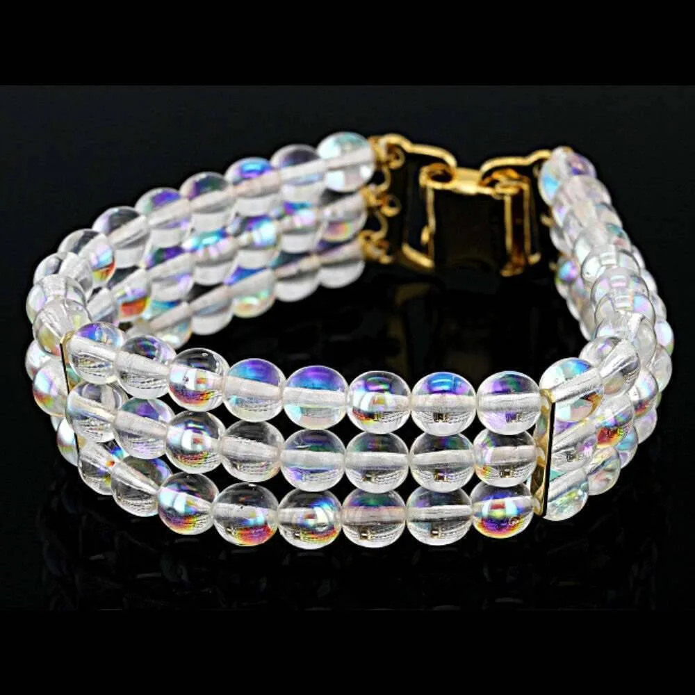 1928 Jewelry Round Three Row AB Glass Beaded Bracelet