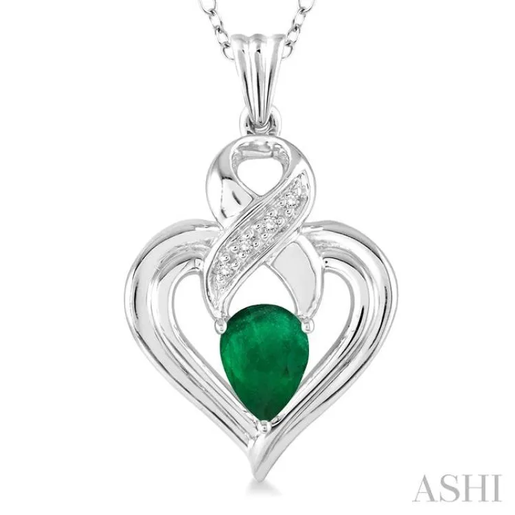 6x4 mm Pear Shape Emerald and 1/50 Ctw Single Cut Diamond Pendant in Sterling Silver with Chain