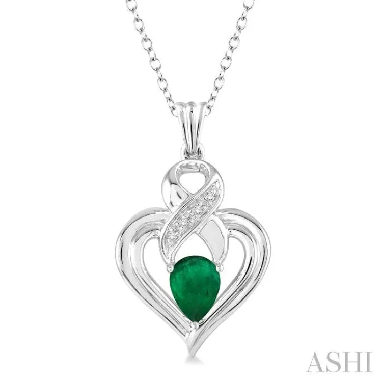 6x4  MM Pear Shape Emerald and 1/50 Ctw Single Cut Diamond Pendant in Sterling Silver with Chain